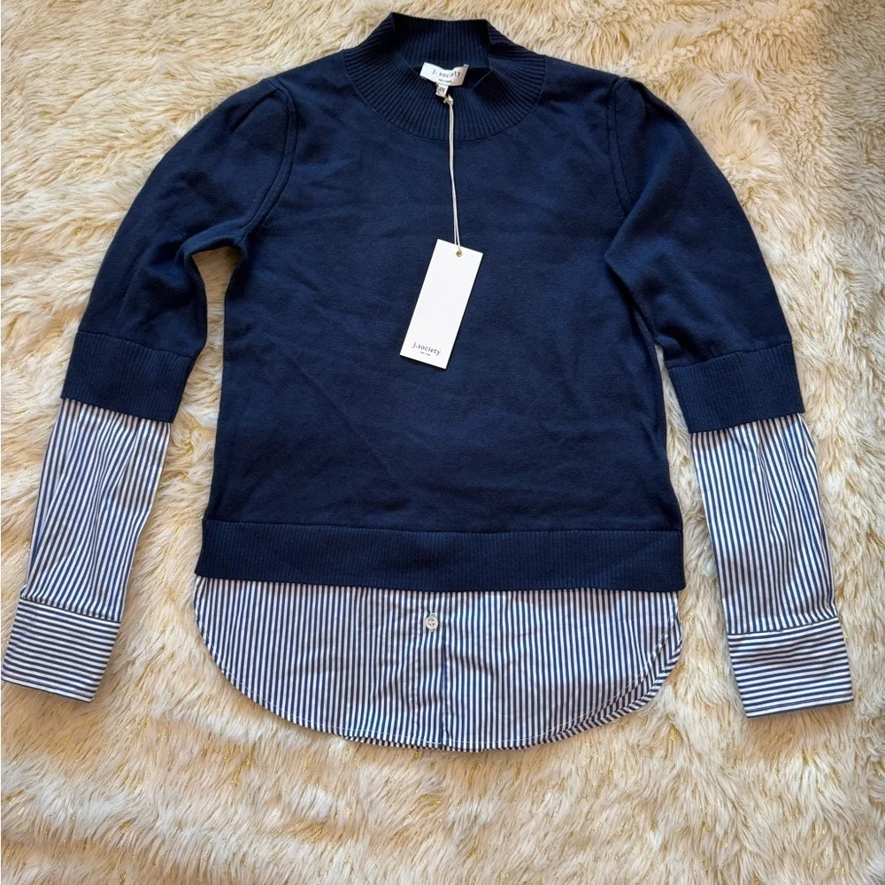 NEW J. SOCIETY striped layered mock in navy XS
